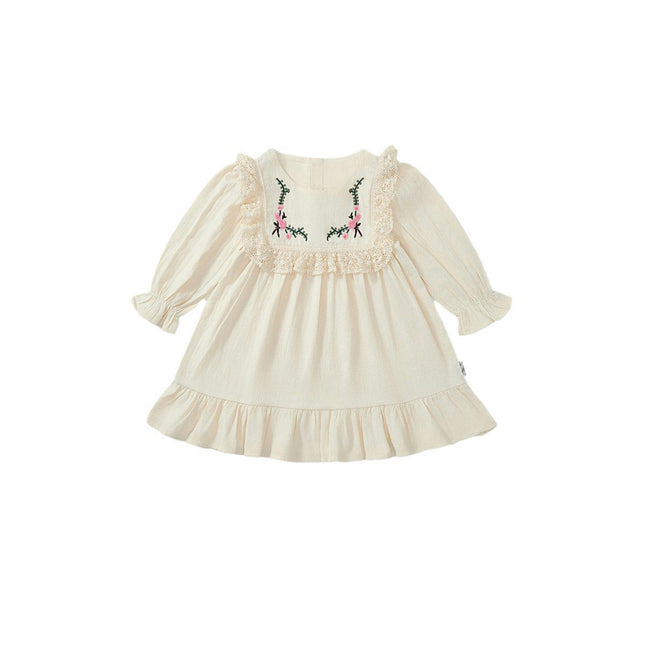 Girls Long Sleeve Embroidered Dress French Lace Puff Sleeve Princess Dress