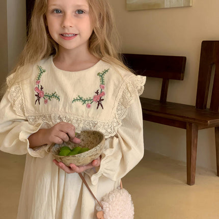 Girls Long Sleeve Embroidered Dress French Lace Puff Sleeve Princess Dress