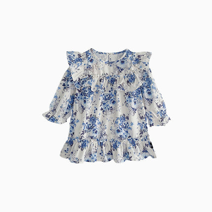 Girls Floral Print Dress Spring Dress Retro Style Long Sleeve Princess Dress