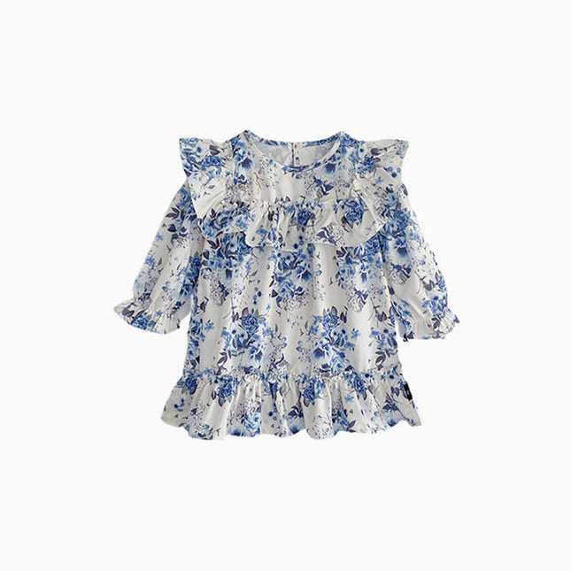 Girls Floral Print Dress Spring Dress Retro Style Long Sleeve Princess Dress
