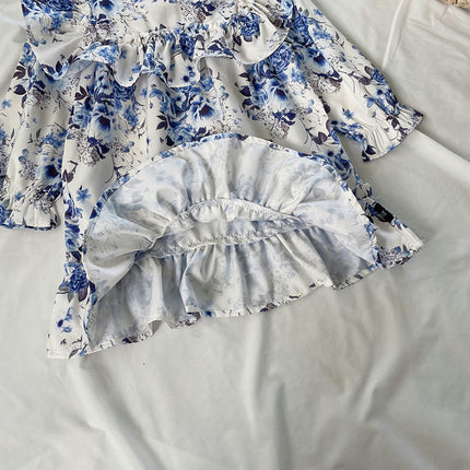 Girls Floral Print Dress Spring Dress Retro Style Long Sleeve Princess Dress