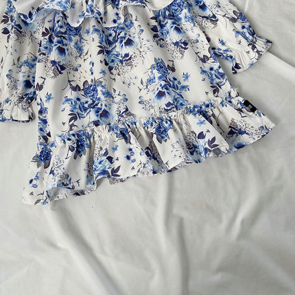 Girls Floral Print Dress Spring Dress Retro Style Long Sleeve Princess Dress