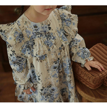 Girls Floral Print Dress Spring Dress Retro Style Long Sleeve Princess Dress