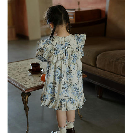Girls Floral Print Dress Spring Dress Retro Style Long Sleeve Princess Dress