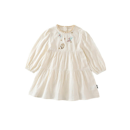 Girls Pastoral Style Long Sleeve Dress Baby Cotton Embroidered Princess Dress