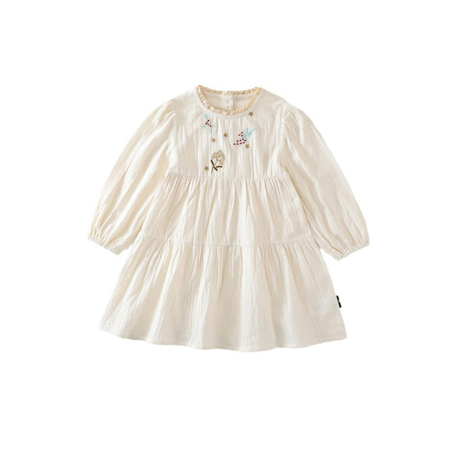 Girls Pastoral Style Long Sleeve Dress Baby Cotton Embroidered Princess Dress