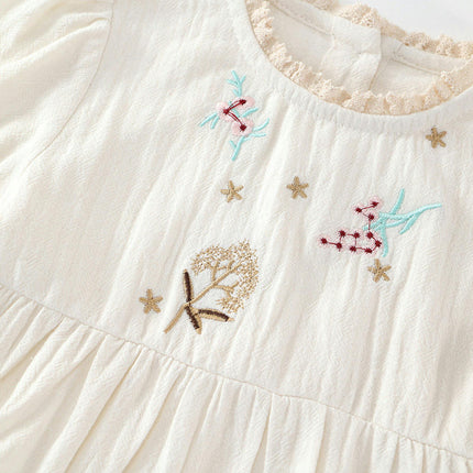Girls Pastoral Style Long Sleeve Dress Baby Cotton Embroidered Princess Dress