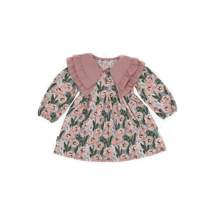 Girls Ruffle Collar Long Sleeve Dress Autumn Flower Print Princess Dress
