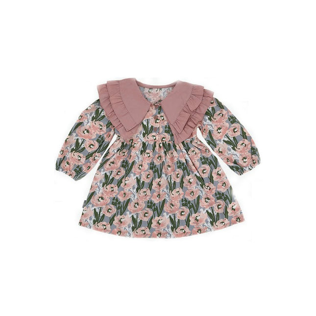 Girls Ruffle Collar Long Sleeve Dress Autumn Flower Print Princess Dress