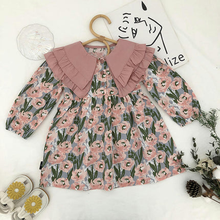 Girls Ruffle Collar Long Sleeve Dress Autumn Flower Print Princess Dress