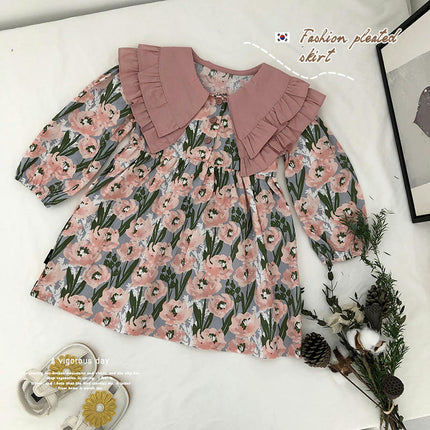 Girls Ruffle Collar Long Sleeve Dress Autumn Flower Print Princess Dress