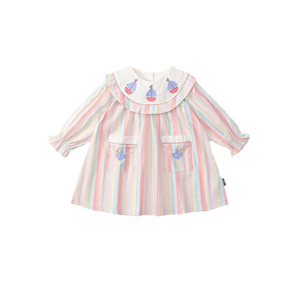 Girls Striped Embroidered Dress Pure Cotton Long Sleeve Pocket Princess Dress