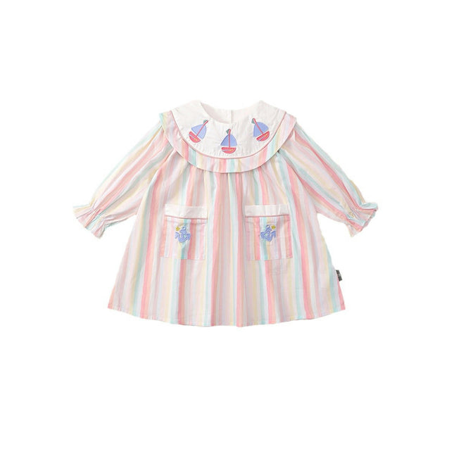 Girls Striped Embroidered Dress Pure Cotton Long Sleeve Pocket Princess Dress