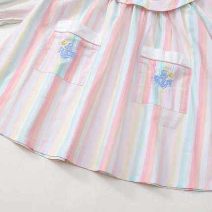 Girls Striped Embroidered Dress Pure Cotton Long Sleeve Pocket Princess Dress