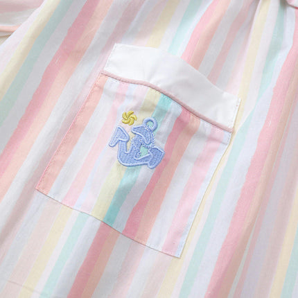 Girls Striped Embroidered Dress Pure Cotton Long Sleeve Pocket Princess Dress