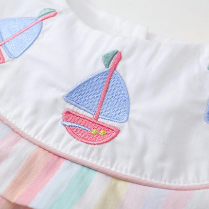 Girls Striped Embroidered Dress Pure Cotton Long Sleeve Pocket Princess Dress