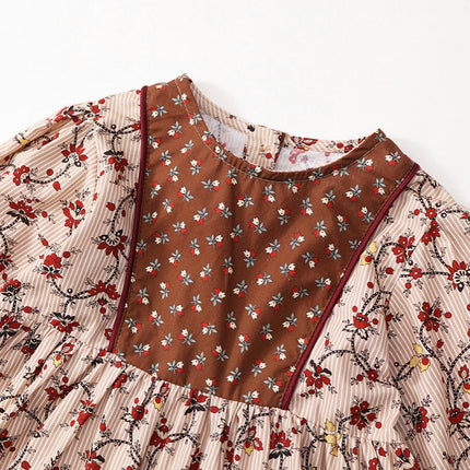 Girls Round Neck Retro Style Long Sleeve Floral Dress Spring and Autumn