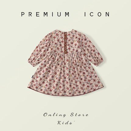 Girls Round Neck Retro Style Long Sleeve Floral Dress Spring and Autumn