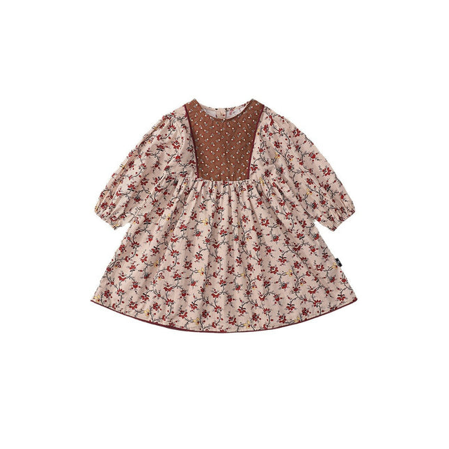Girls Round Neck Retro Style Long Sleeve Floral Dress Spring and Autumn