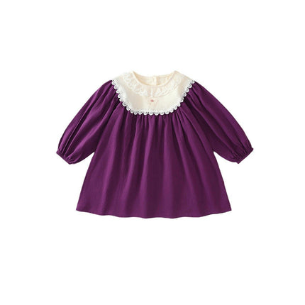Girls Lace Long Sleeve Dress Autumn Round Neck Retro Style Princess Dress