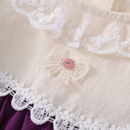 Girls Lace Long Sleeve Dress Autumn Round Neck Retro Style Princess Dress