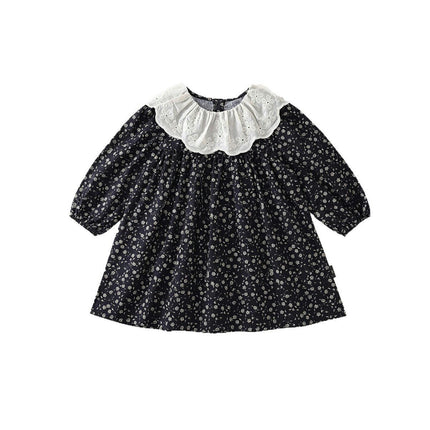 Girls Retro Floral Long Sleeve Dress Jacquard Lapel Cotton Princess Dress