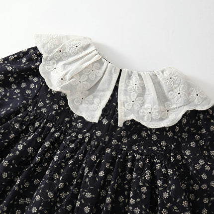 Girls Retro Floral Long Sleeve Dress Jacquard Lapel Cotton Princess Dress