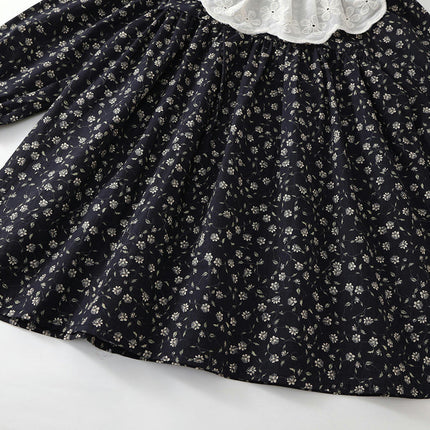 Girls Retro Floral Long Sleeve Dress Jacquard Lapel Cotton Princess Dress