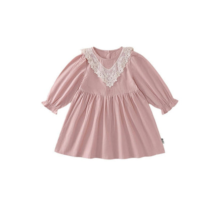 Girls Lace Long Sleeve Dress Spring and Autumn Round Neck Cotton Princess Dress