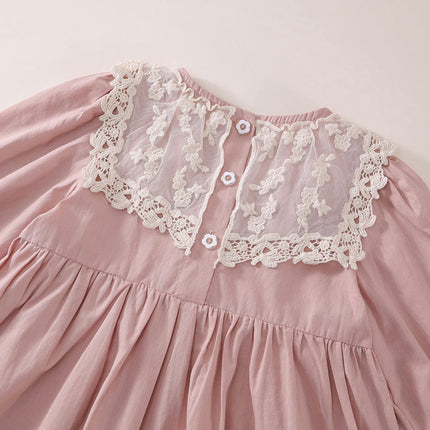 Girls Lace Long Sleeve Dress Spring and Autumn Round Neck Cotton Princess Dress