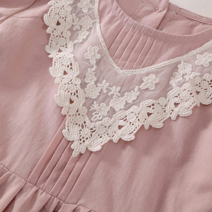 Girls Lace Long Sleeve Dress Spring and Autumn Round Neck Cotton Princess Dress