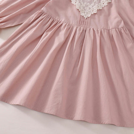 Girls Lace Long Sleeve Dress Spring and Autumn Round Neck Cotton Princess Dress