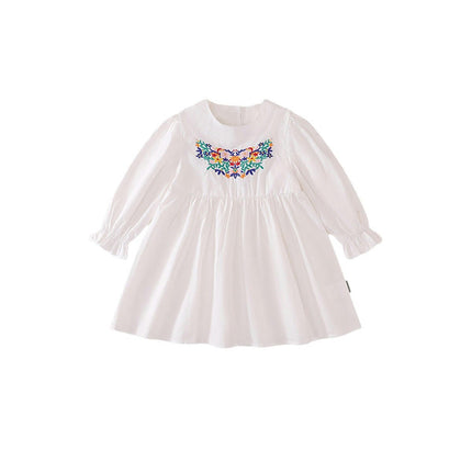 Girls Cotton Long Sleeve Dress Casual Flower Embroidery Party Dress