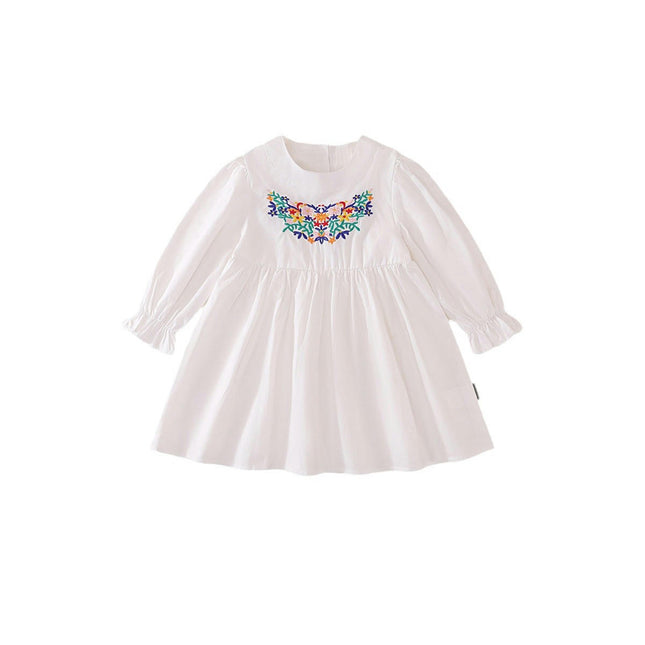 Girls Cotton Long Sleeve Dress Casual Flower Embroidery Party Dress