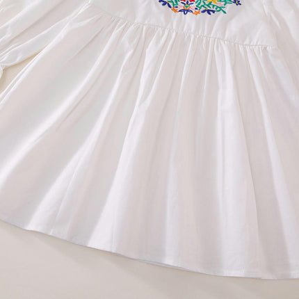 Girls Cotton Long Sleeve Dress Casual Flower Embroidery Party Dress