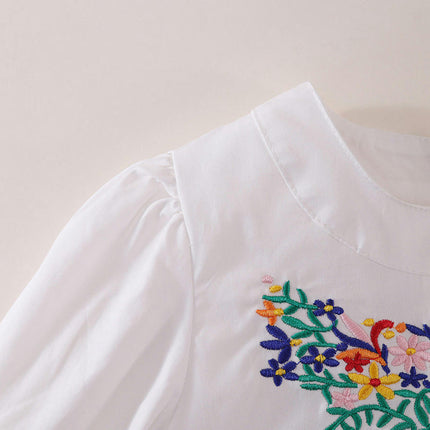 Girls Cotton Long Sleeve Dress Casual Flower Embroidery Party Dress