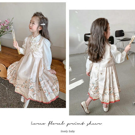Girls Long-sleeved Chinese Style Retro Print Princess Dress 2-10 Years Old