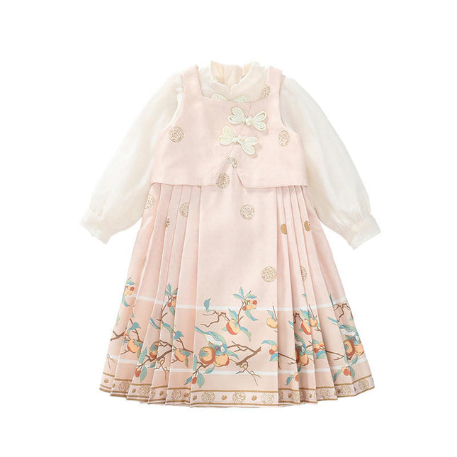 Girls Long-sleeved Chinese Style Retro Print Princess Dress 2-10 Years Old