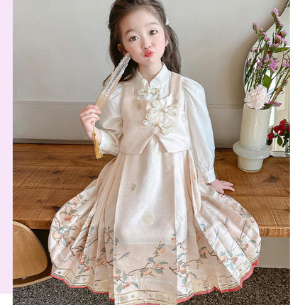 Girls Long-sleeved Chinese Style Retro Print Princess Dress 2-10 Years Old