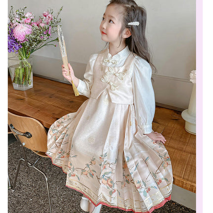 Girls Long-sleeved Chinese Style Retro Print Princess Dress 2-10 Years Old