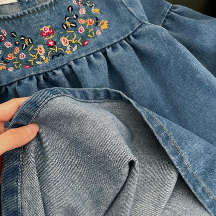 Spring and Autumn Baby Girls Round Neck Long Sleeve Flower Embroidered Denim Dress
