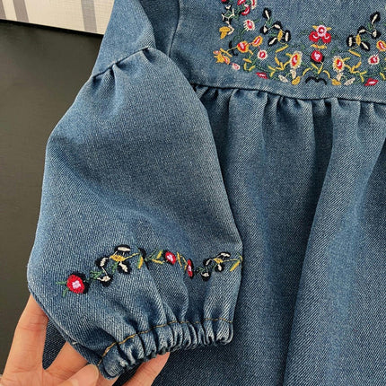 Spring and Autumn Baby Girls Round Neck Long Sleeve Flower Embroidered Denim Dress