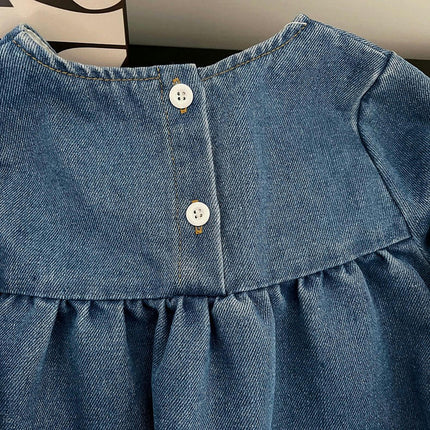 Spring and Autumn Baby Girls Round Neck Long Sleeve Flower Embroidered Denim Dress