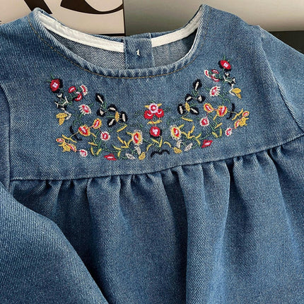 Spring and Autumn Baby Girls Round Neck Long Sleeve Flower Embroidered Denim Dress