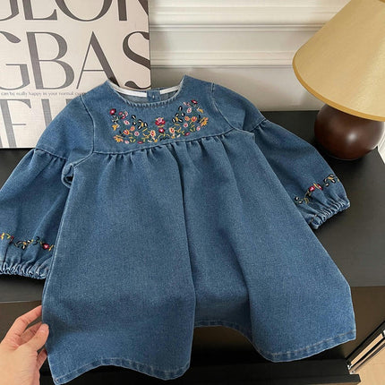 Spring and Autumn Baby Girls Round Neck Long Sleeve Flower Embroidered Denim Dress