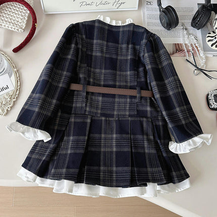 Toddler Plaid Long Sleeve Ruffle Collar Dress with PU Leather Buckle Belt