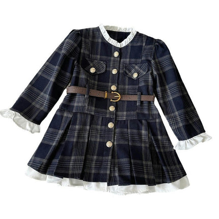 Toddler Plaid Long Sleeve Ruffle Collar Dress with PU Leather Buckle Belt