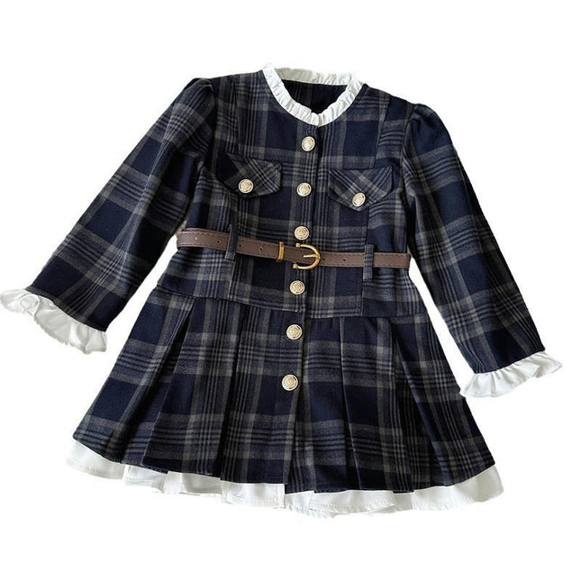 Toddler Plaid Long Sleeve Ruffle Collar Dress with PU Leather Buckle Belt