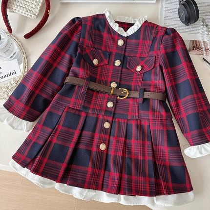 Toddler Plaid Long Sleeve Ruffle Collar Dress with PU Leather Buckle Belt