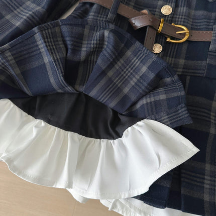 Toddler Plaid Long Sleeve Ruffle Collar Dress with PU Leather Buckle Belt